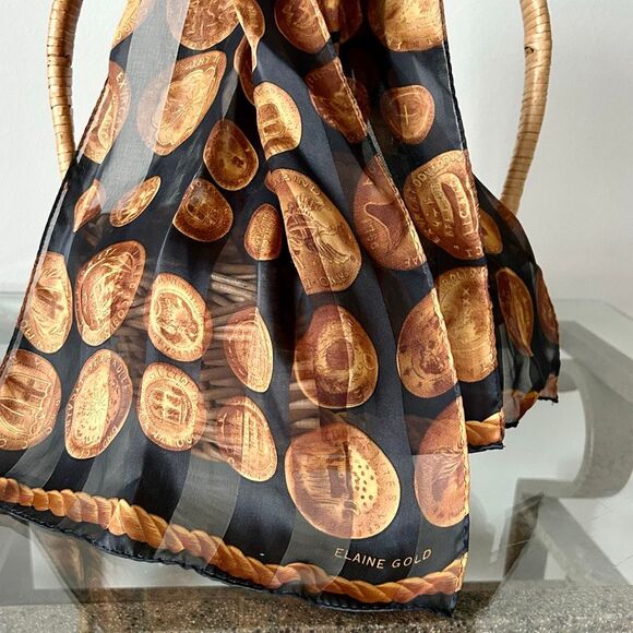 Vintage Elaine Gold Silky Sheer Scarf | Brown & Black, Antique Coins Pattern EUC - Picture 2 of 3